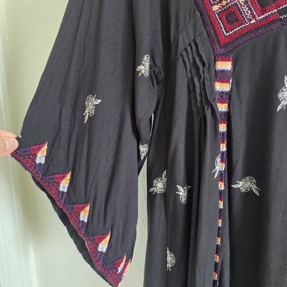 Free People Tulum Embroidered Mini Boho Dress Tunic Size XS Black 3/4 Sleeve - Picture 4 of 10